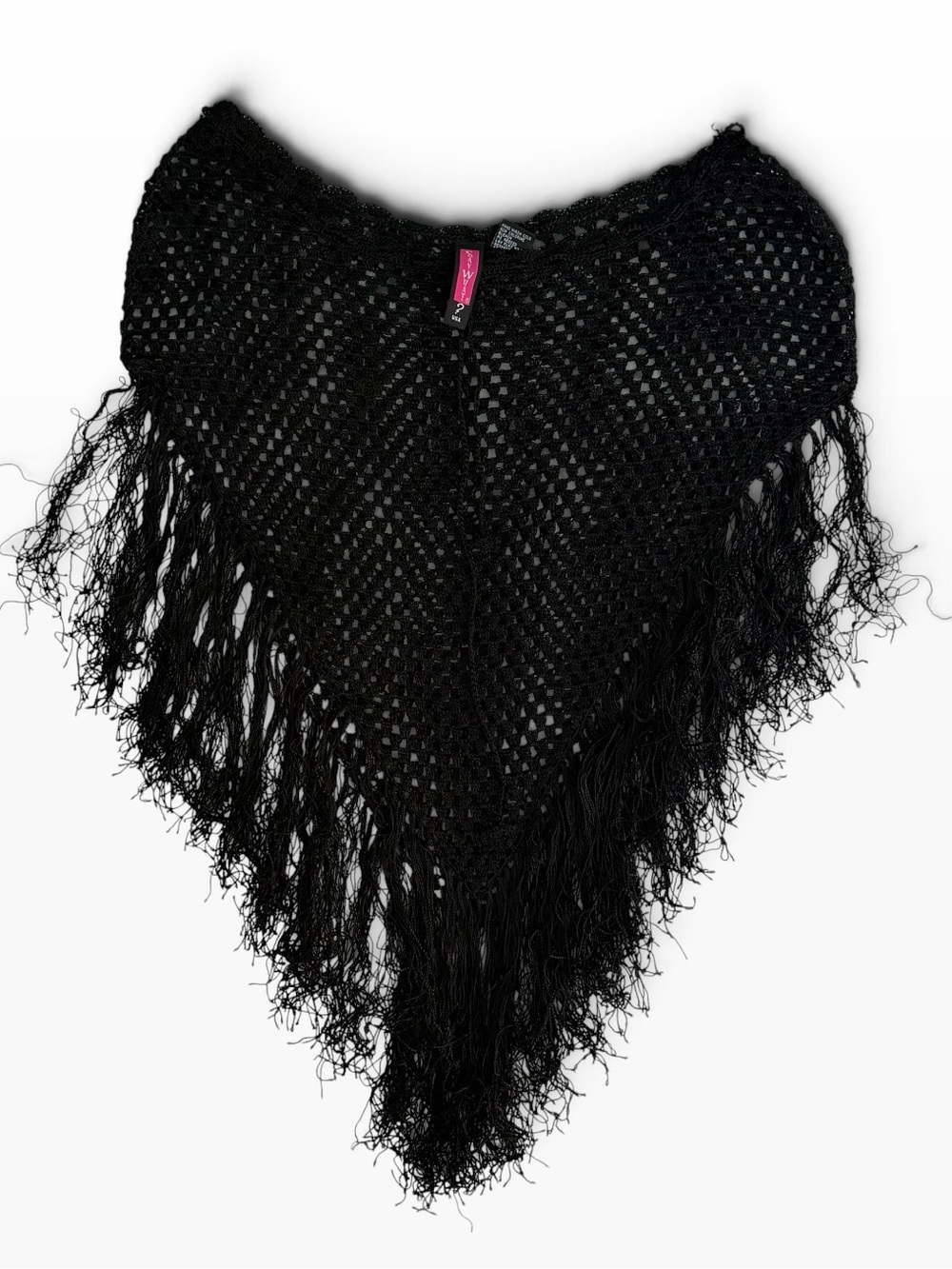 Say What? Crochet Fringe Triangle Poncho Womens One Size Black Rayon Tie Neck